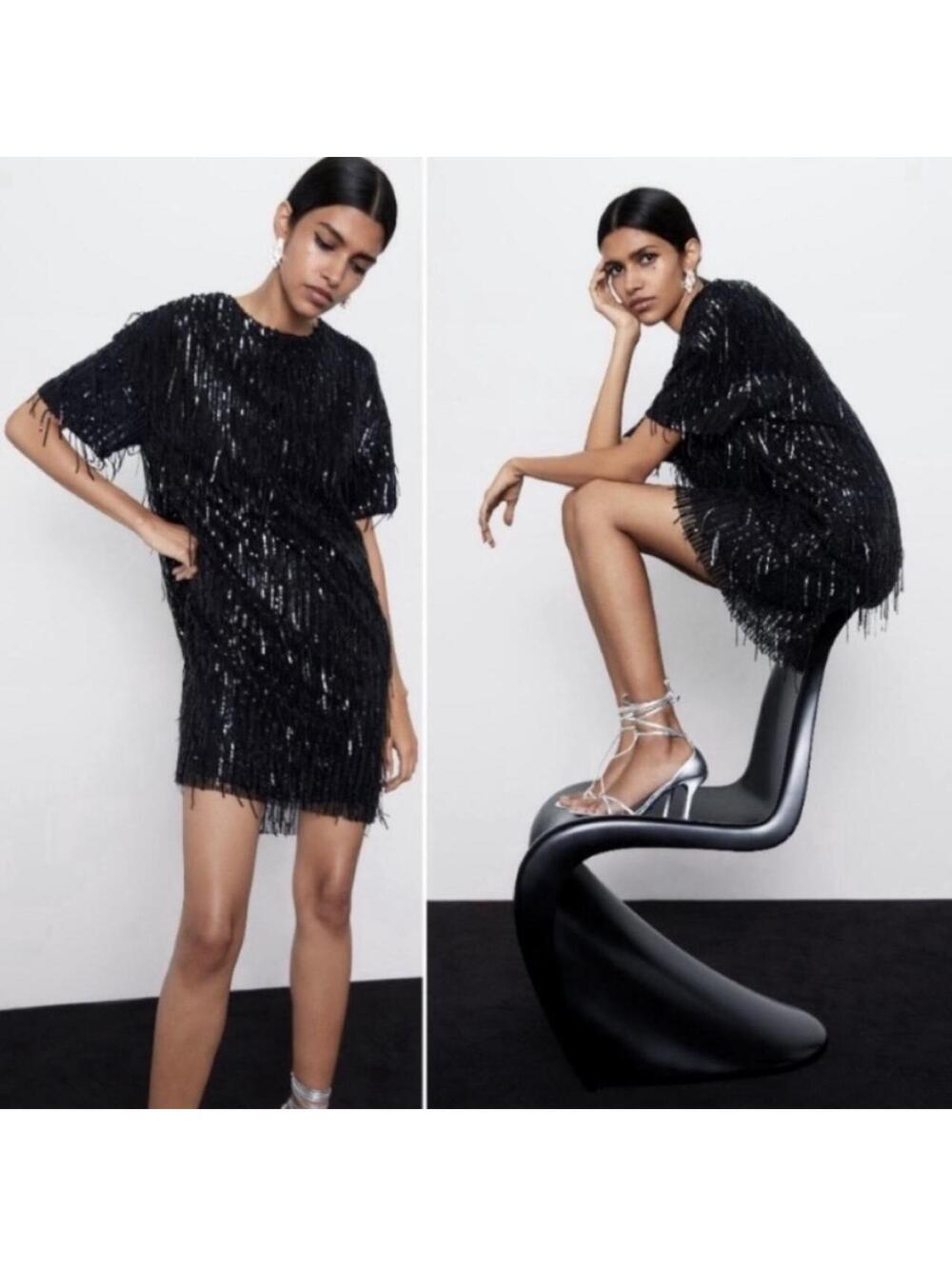 Zara Black sequin fringe mini dress with silver sequins, size L #party #glam